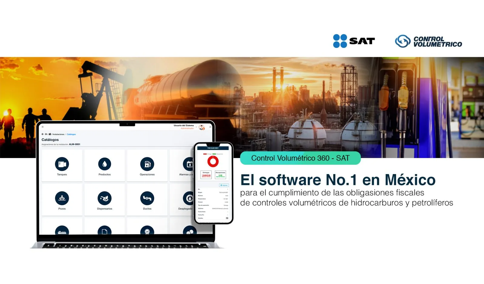 CV360, software de controles volumétricos SAT en laptop y teléfono