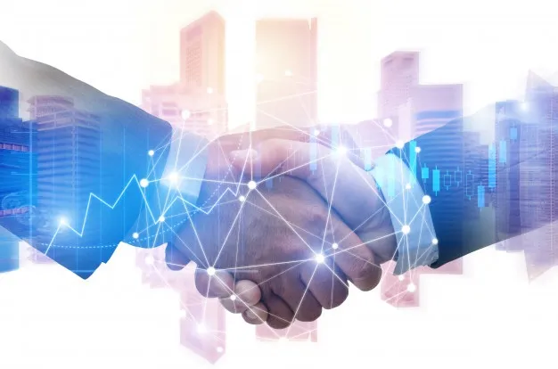 Apretón de manos sobre un fondo de datos y ciudad
